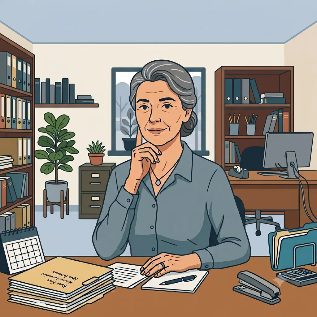 Illustration: Ältere Frau am Schreibtisch in einem Büro